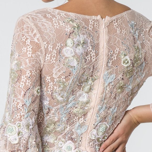 NEW LONG A-LINE FORMAL DRESS WITH TRUMPET SLEEVES EMBROIDERED WITH LACE GL1592 - Picture 9 of 12